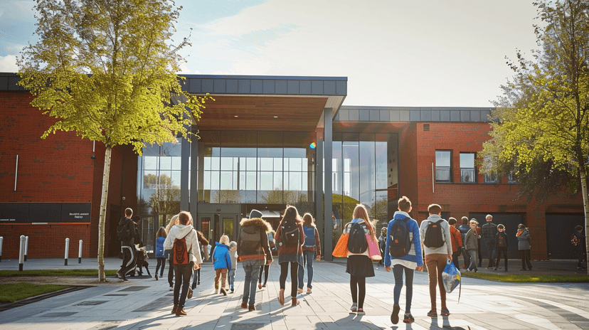 School building exterior from a creative side angle
